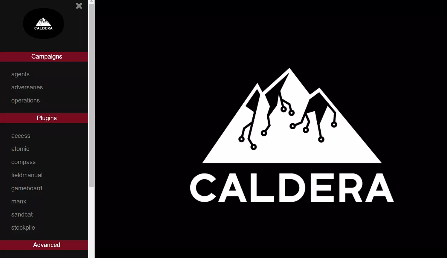 Snapshot of Caldera login/landing page