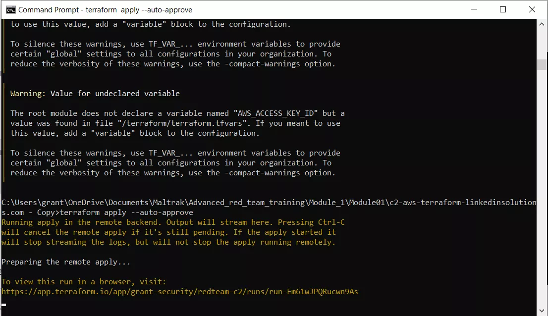 Snapshot of terraform apply command
                                                                    being run from the command line
