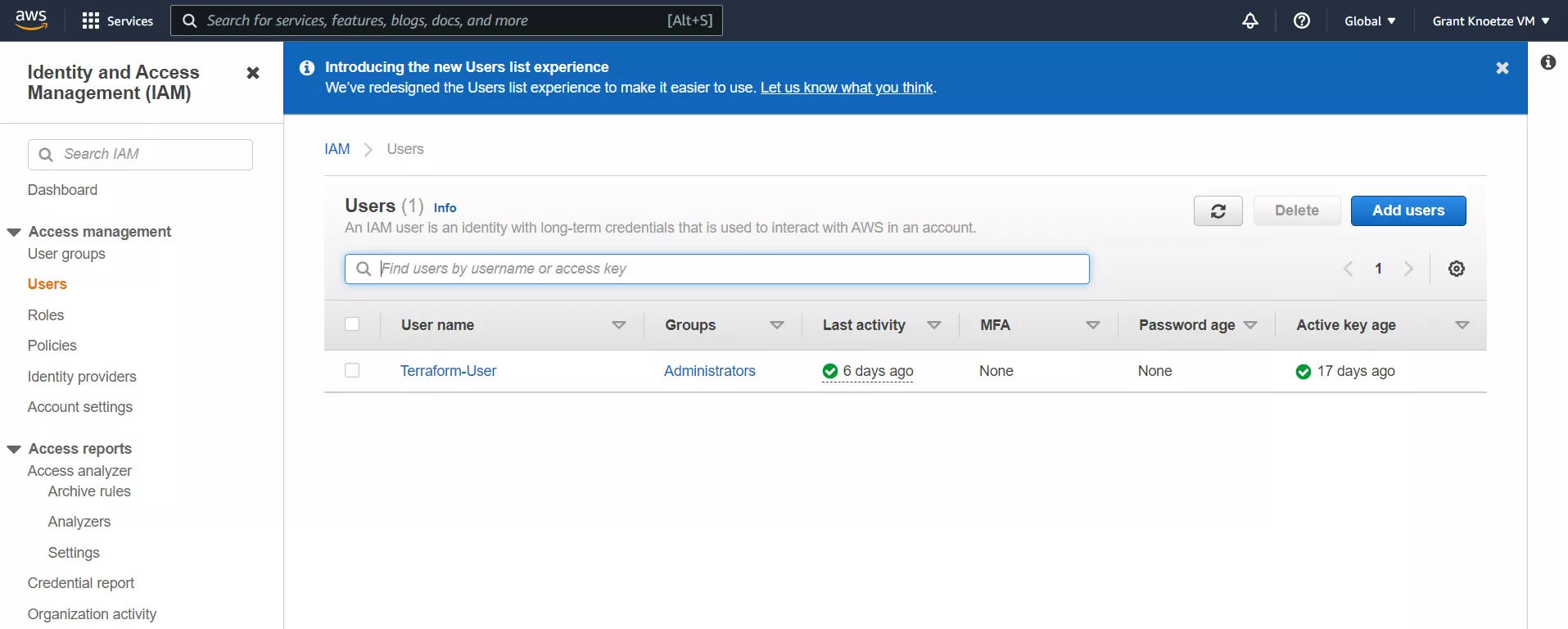 Snapshot of IAM User