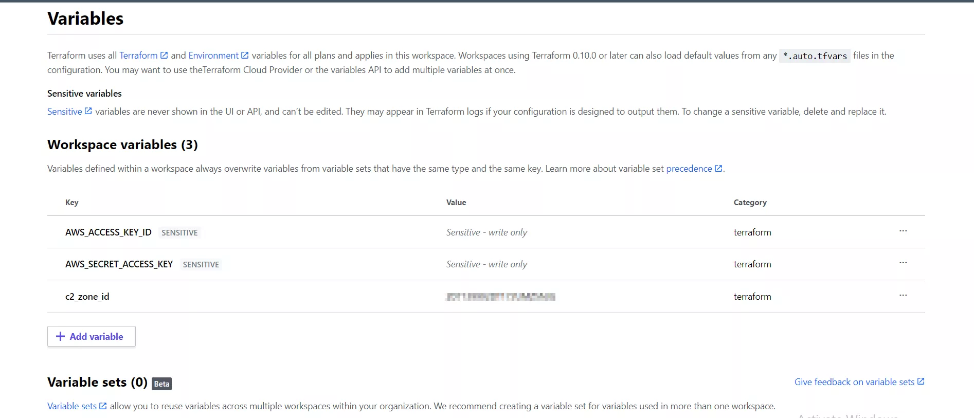 Snapshot of Terraform variables
